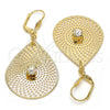 Oro Laminado Dangle Earring, Gold Filled Style Leaf and Filigree Design, with White Crystal, Diamond Cutting Finish, Golden Finish, 73.006