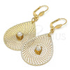 Oro Laminado Dangle Earring, Gold Filled Style Leaf and Filigree Design, with White Crystal, Diamond Cutting Finish, Golden Finish, 73.006