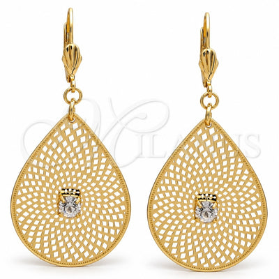 Oro Laminado Dangle Earring, Gold Filled Style Leaf and Filigree Design, with White Crystal, Diamond Cutting Finish, Golden Finish, 73.006