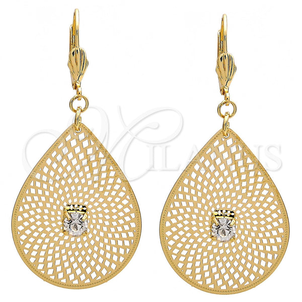 Oro Laminado Dangle Earring, Gold Filled Style Leaf and Filigree Design, with White Crystal, Diamond Cutting Finish, Golden Finish, 73.006