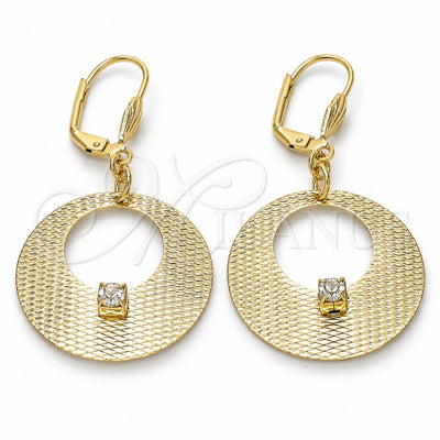 Oro Laminado Dangle Earring, Gold Filled Style with White Crystal, Diamond Cutting Finish, Golden Finish, 60.012