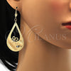 Oro Laminado Dangle Earring, Gold Filled Style Flower and Teardrop Design, with White Crystal, Diamond Cutting Finish, Golden Finish, 81.011