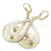 Oro Laminado Dangle Earring, Gold Filled Style Flower and Teardrop Design, with White Crystal, Diamond Cutting Finish, Golden Finish, 81.011