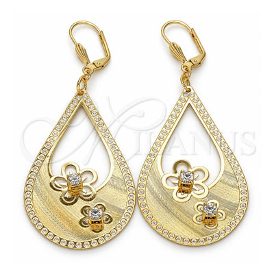 Oro Laminado Dangle Earring, Gold Filled Style Flower and Teardrop Design, with White Crystal, Diamond Cutting Finish, Golden Finish, 81.011