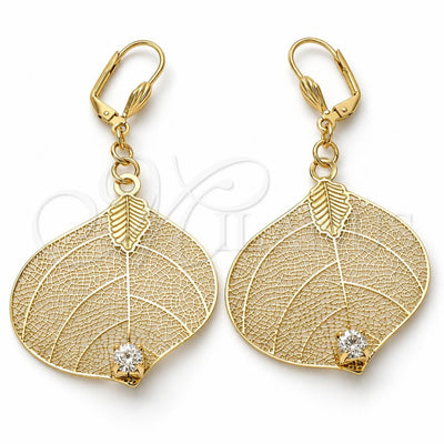 Oro Laminado Dangle Earring, Gold Filled Style Leaf and Filigree Design, with White Crystal, Polished, Golden Finish, 80.004