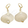 Oro Laminado Dangle Earring, Gold Filled Style Leaf and Filigree Design, with White Crystal, Polished, Golden Finish, 80.004