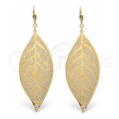 Oro Laminado Dangle Earring, Gold Filled Style Leaf and Filigree Design, with White Crystal, Polished, Golden Finish, 65.001