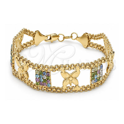 Oro Laminado Fancy Bracelet, Gold Filled Style Butterfly Design, with White Crystal, Polished, Golden Finish, 25.009 (25 MM Thickness, 8 Inches Length)