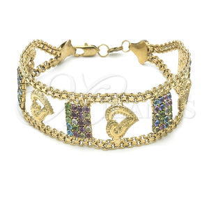 Oro Laminado Fancy Bracelet, Gold Filled Style Heart Design, with Multicolor Cubic Zirconia, Polished, Golden Finish, 23.005 (25 MM Thickness, 8 Inches Length)