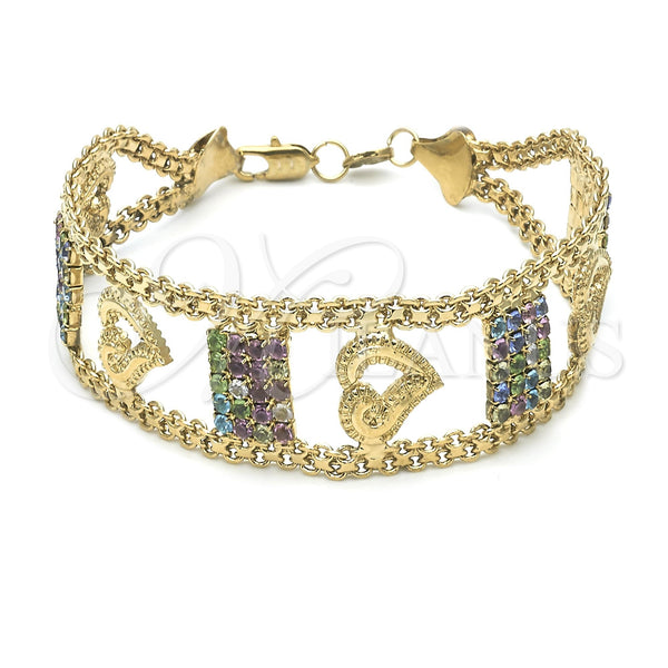 Oro Laminado Fancy Bracelet, Gold Filled Style Heart Design, with Multicolor Cubic Zirconia, Polished, Golden Finish, 23.005 (25 MM Thickness, 8 Inches Length)