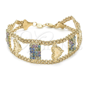 Oro Laminado Fancy Bracelet, Gold Filled Style Heart Design, with White Crystal, Polished, Golden Finish, 23.001 (25 MM Thickness, 8 Inches Length)