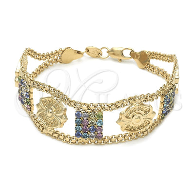 Oro Laminado Fancy Bracelet, Gold Filled Style with Multicolor Crystal, Polished, Golden Finish, 23.007 (25 MM Thickness, 8 Inches Length)