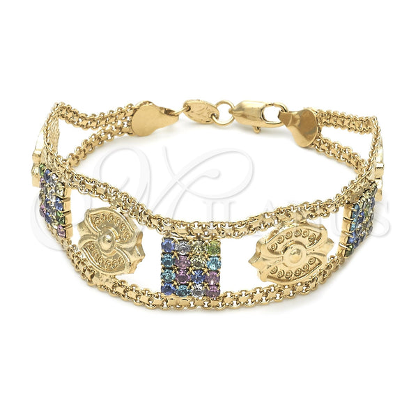 Oro Laminado Fancy Bracelet, Gold Filled Style with Multicolor Crystal, Polished, Golden Finish, 23.007 (25 MM Thickness, 8 Inches Length)