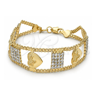 Oro Laminado Fancy Bracelet, Gold Filled Style Heart Design, with White Crystal, Polished, Golden Finish, 22.001 (25 MM Thickness, 8 Inches Length)