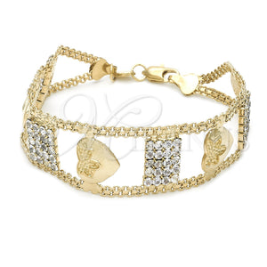 Oro Laminado Fancy Bracelet, Gold Filled Style Heart Design, with White Crystal, Polished, Golden Finish, 22.001 (25 MM Thickness, 8 Inches Length)