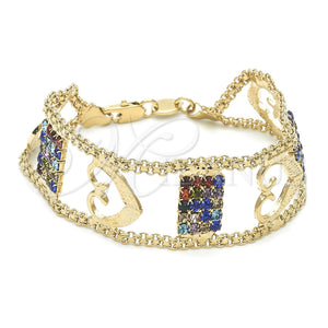 Oro Laminado Fancy Bracelet, Gold Filled Style Heart Design, with Multicolor Cubic Zirconia, Polished, Golden Finish, 29.004 (8 Inches Length)