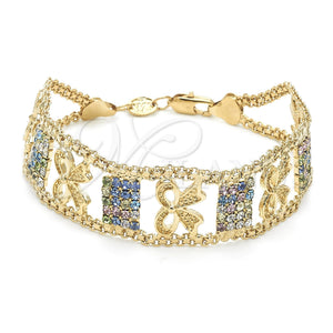 Oro Laminado Fancy Bracelet, Gold Filled Style Bow Design, with Multicolor Cubic Zirconia, Polished, Golden Finish, 29.006 (25 MM Thickness, 8 Inches Length)