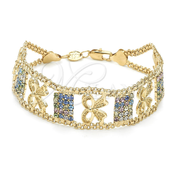 Oro Laminado Fancy Bracelet, Gold Filled Style Bow Design, with Multicolor Cubic Zirconia, Polished, Golden Finish, 29.006 (25 MM Thickness, 8 Inches Length)