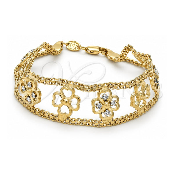 Oro Laminado Fancy Bracelet, Gold Filled Style Flower Design, with White Crystal, Polished, Golden Finish, 25.003 (25 MM Thickness, 8 Inches Length)