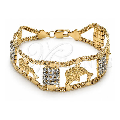 Oro Laminado Fancy Bracelet, Gold Filled Style Dolphin Design, with White Crystal, Polished, Golden Finish, 24.001 (25 MM Thickness, 8 Inches Length)