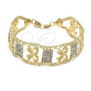 Oro Laminado Fancy Bracelet, Gold Filled Style Bow Design, with White Crystal, Polished, Golden Finish, 24.003 (25 MM Thickness, 8 Inches Length)