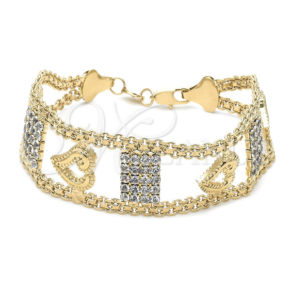Oro Laminado Fancy Bracelet, Gold Filled Style Heart Design, with White Cubic Zirconia, Polished, Golden Finish, 24.005 (25 MM Thickness, 8 Inches Length)