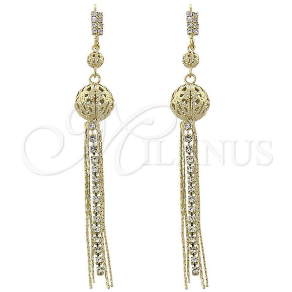 Oro Laminado Long Earring, Gold Filled Style Ball Design, with White Cubic Zirconia, Diamond Cutting Finish, Golden Finish, 5.083.004