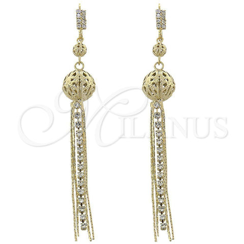 Oro Laminado Long Earring, Gold Filled Style Ball Design, with White Cubic Zirconia, Diamond Cutting Finish, Golden Finish, 5.083.004
