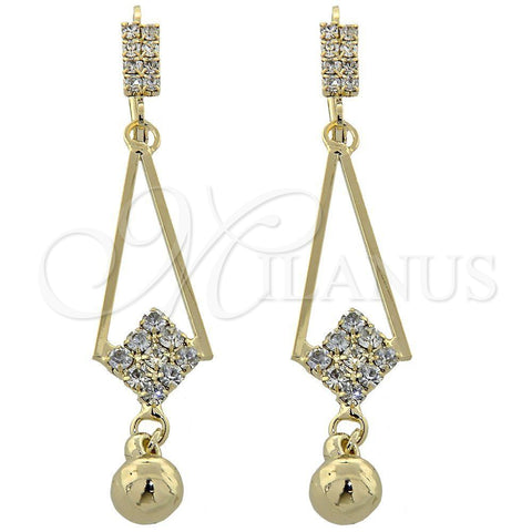 Oro Laminado Long Earring, Gold Filled Style Ball Design, with White Cubic Zirconia, Polished, Golden Finish, 5.099.012
