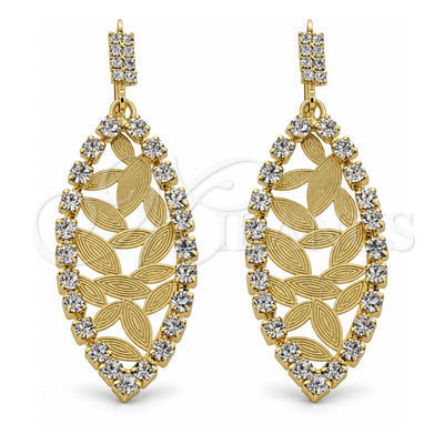 Oro Laminado Long Earring, Gold Filled Style Leaf Design, with White Cubic Zirconia, Diamond Cutting Finish, Golden Finish, 5.124.003