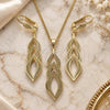 Oro Laminado Earring and Pendant Adult Set, Gold Filled Style Leaf Design, with White Cubic Zirconia, Matte Finish, Golden Finish, 011.001