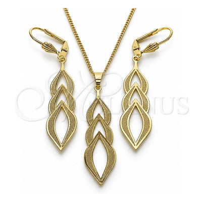 Oro Laminado Earring and Pendant Adult Set, Gold Filled Style Leaf Design, with White Cubic Zirconia, Matte Finish, Golden Finish, 011.001