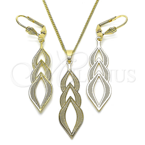 Oro Laminado Earring and Pendant Adult Set, Gold Filled Style Leaf Design, with White Cubic Zirconia, Matte Finish, Golden Finish, 011.001