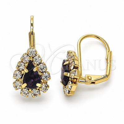 Oro Laminado Leverback Earring, Gold Filled Style Teardrop Design, with Amethyst and White Crystal, Polished, Golden Finish, 5.125.013