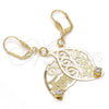 Oro Laminado Dangle Earring, Gold Filled Style Leaf and Flower Design, with White Crystal, Diamond Cutting Finish, Golden Finish, 64.014