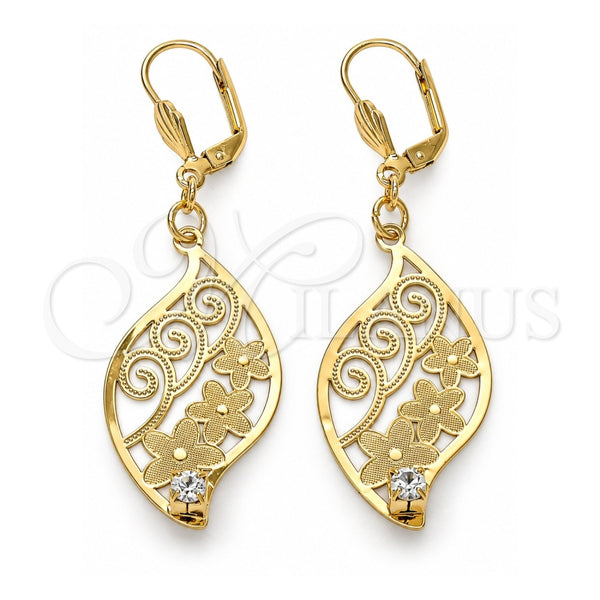 Oro Laminado Dangle Earring, Gold Filled Style Leaf and Flower Design, with White Crystal, Diamond Cutting Finish, Golden Finish, 64.014