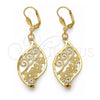 Oro Laminado Dangle Earring, Gold Filled Style Leaf and Flower Design, with White Crystal, Diamond Cutting Finish, Golden Finish, 64.014