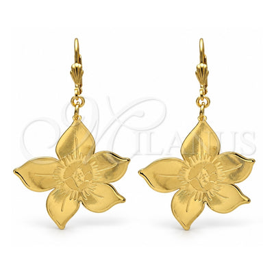 Oro Laminado Dangle Earring, Gold Filled Style Flower Design, Polished, Golden Finish, 61.012