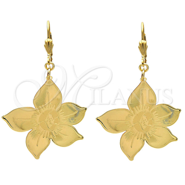 Oro Laminado Dangle Earring, Gold Filled Style Flower Design, Polished, Golden Finish, 61.012