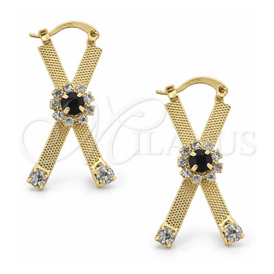 Oro Laminado Medium Hoop, Gold Filled Style Flower Design, with Black and White Cubic Zirconia, Diamond Cutting Finish, Golden Finish, 02.63.1448