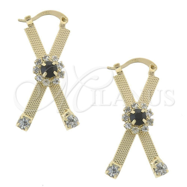Oro Laminado Medium Hoop, Gold Filled Style Flower Design, with Black and White Cubic Zirconia, Diamond Cutting Finish, Golden Finish, 02.63.1448