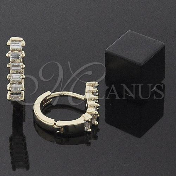 Oro Laminado Huggie Hoop, Gold Filled Style Baguette Design, with White Cubic Zirconia, Polished, Golden Finish, 5.132.023