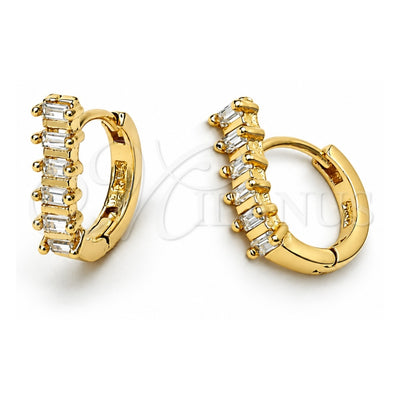 Oro Laminado Huggie Hoop, Gold Filled Style Baguette Design, with White Cubic Zirconia, Polished, Golden Finish, 5.132.023