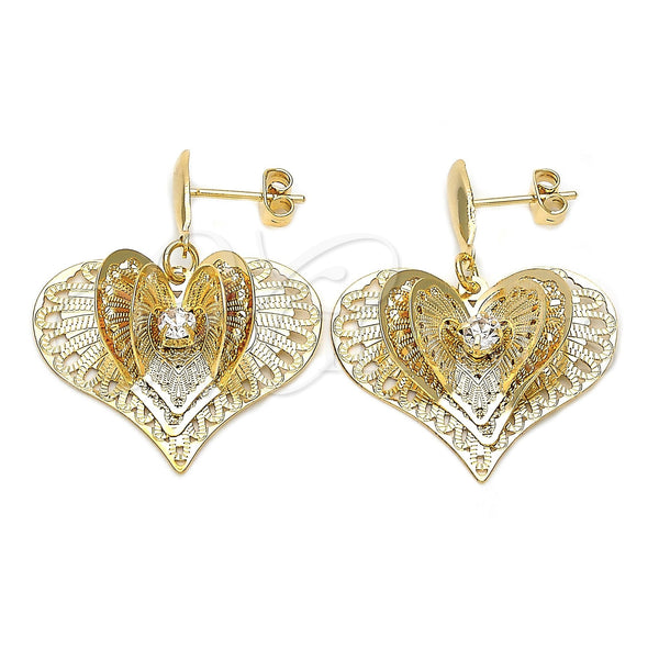Oro Laminado Dangle Earring, Gold Filled Style Heart Design, with White Cubic Zirconia, Diamond Cutting Finish, Golden Finish, 5.064.015