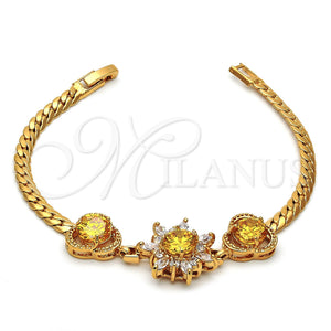 Oro Laminado Fancy Bracelet, Gold Filled Style Flower Design, with Golden and White Cubic Zirconia, Diamond Cutting Finish, Golden Finish, 27.006 (7 Inches Length)