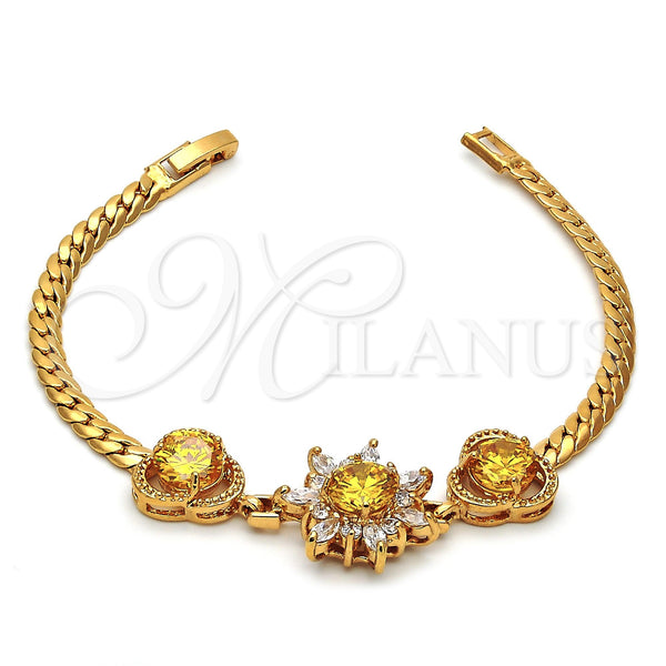 Oro Laminado Fancy Bracelet, Gold Filled Style Flower Design, with Golden and White Cubic Zirconia, Diamond Cutting Finish, Golden Finish, 27.006 (7 Inches Length)