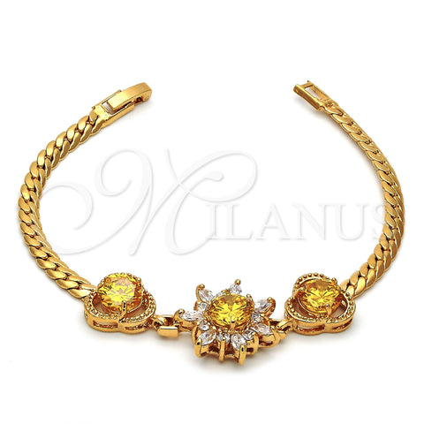 Oro Laminado Fancy Bracelet, Gold Filled Style Flower Design, with Golden and White Cubic Zirconia, Diamond Cutting Finish, Golden Finish, 27.006 (7 Inches Length)