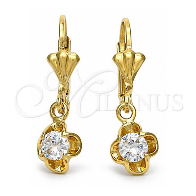 Oro Laminado Dangle Earring, Gold Filled Style Flower Design, with White Cubic Zirconia, Polished, Golden Finish, 5.073.012