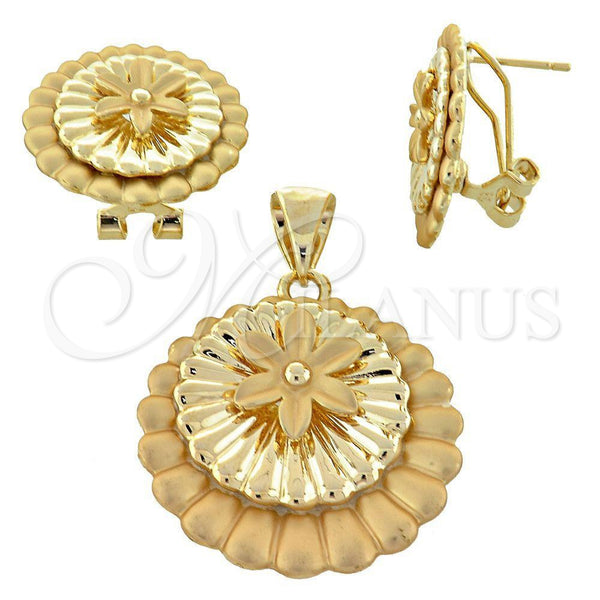 Oro Laminado Earring and Pendant Adult Set, Gold Filled Style Flower Design, Polished, Golden Finish, 5.051.008