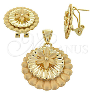 Oro Laminado Earring and Pendant Adult Set, Gold Filled Style Flower Design, Polished, Golden Finish, 5.051.008